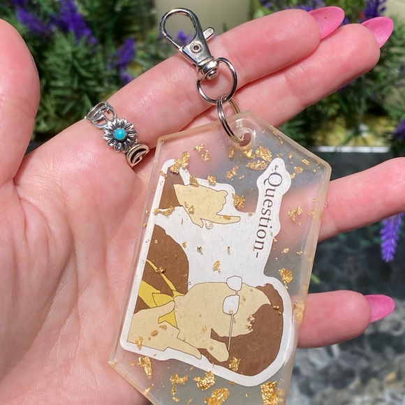 The Office Dwight Shrute " Question " Cartoon & Gold Flakes Keychain Bag Charm - Picture 5 of 9